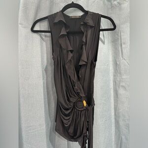 Roberto Cavalli black silk tie wrap ruffle top S 40 with gold snake belt buckle